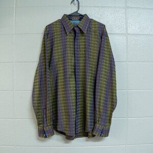 Robert Graham Shirt Mens XL Classic Fit Green Purple Geometric Stripe Flip Cuff